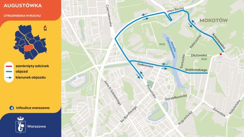 Ulica Augustówka na Mokotowie zamknięta od 5 maja